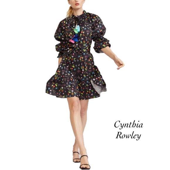 Cynthia Rowley Betty Black Tassel Tie Neck Long Sleeve Belted Dress NWT Size XS